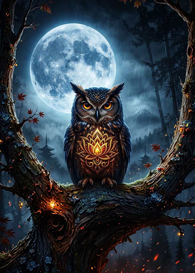 Mystical Owl with Glowing Lotus Emblem
