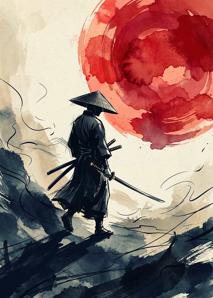 Samurai Warrior Japanese Watercolor Art Red Sun Ink Brush Stroke Aesthetic Wall Poster