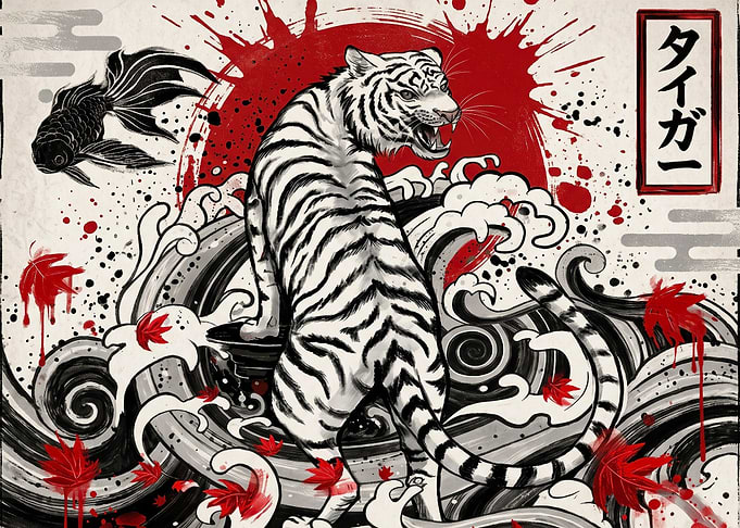 Japanese Style White Tiger Illustration
