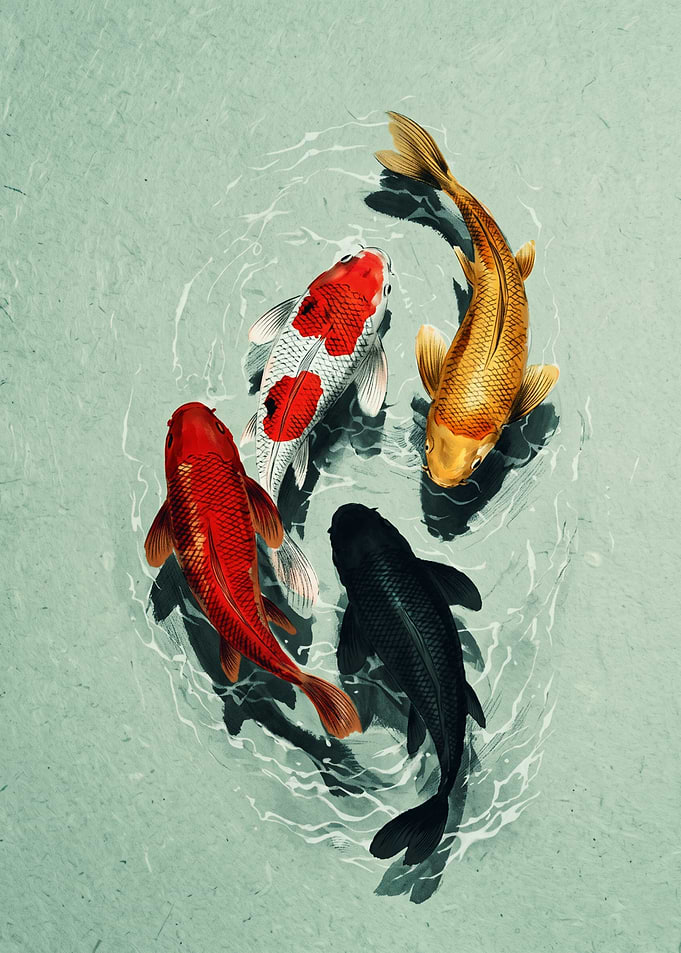 Koi Fish Japanese Art Ukiyo E Watercolor Print Traditional Pond Animals Wall Decor