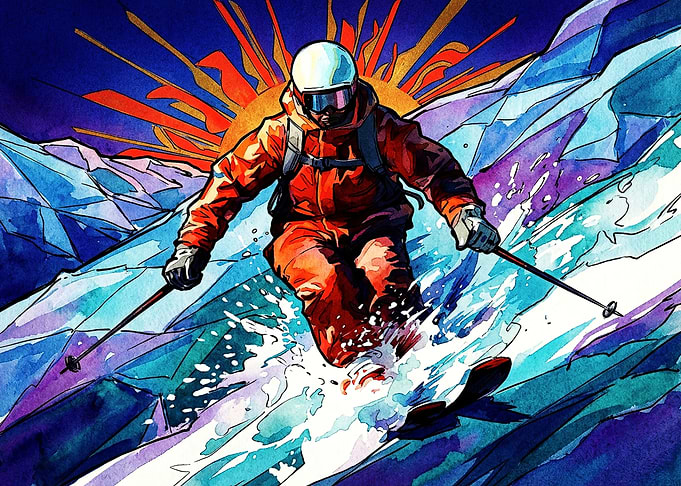 Dynamic Watercolor Skier on Mountain