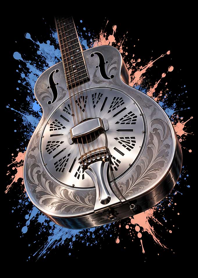 Engraved Resonator Guitar with Paint Splatter