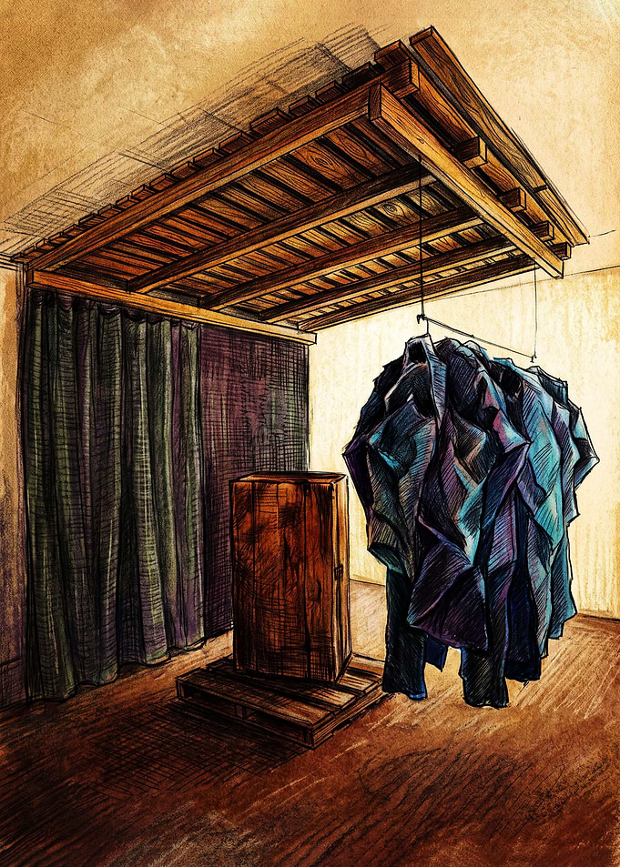 Artistic Sketch of Hanging Denim Clothes