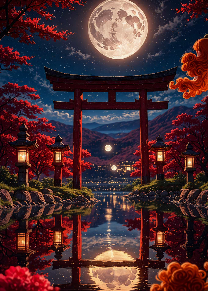 Torii Gate Under Full Moon Japanese Landscape