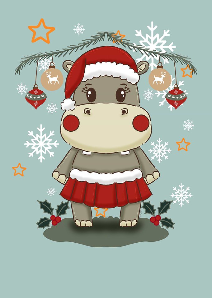 Kawaii Christmas Hippo Illustration for the baby| toddler | kid