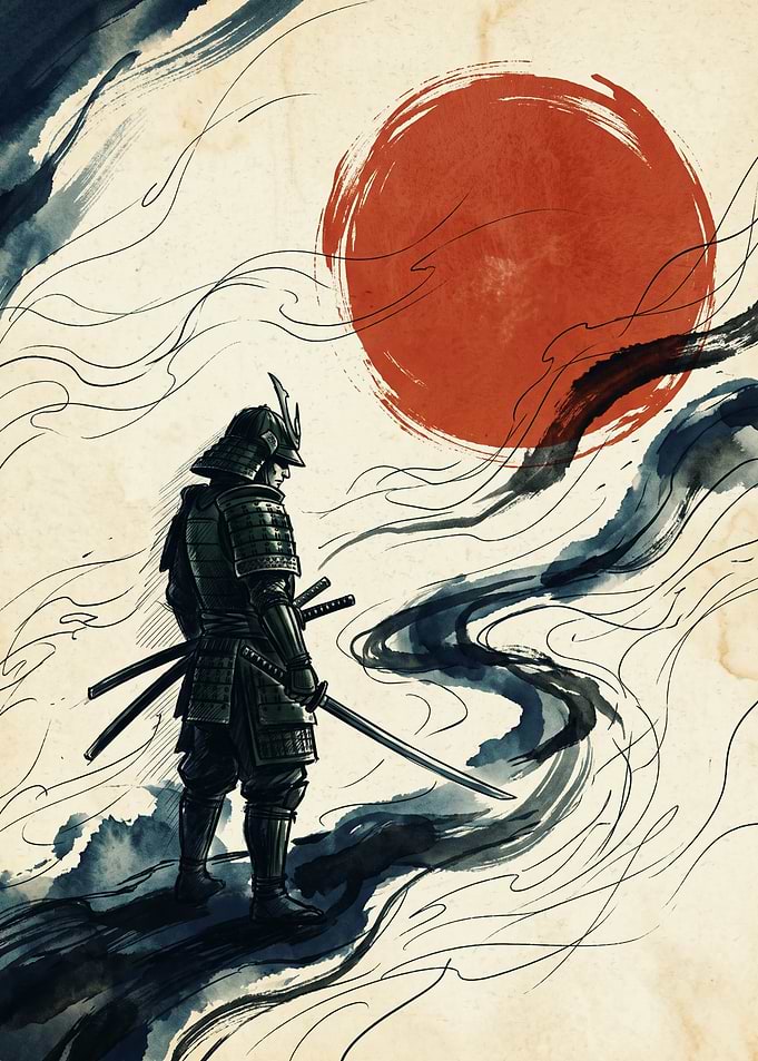 Samurai Warrior Japanese Watercolor Art Red Sun Ink Brush Stroke Aesthetic Wall Poster