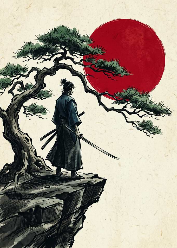 Samurai Warrior Japanese Ink Painting Pine Tree Red Sun Cliffside Wall Art Print