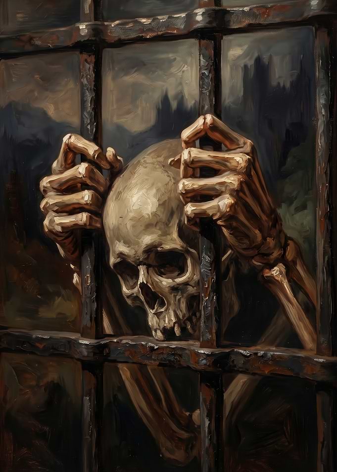 Skeleton Prisoner Behind Iron Bars