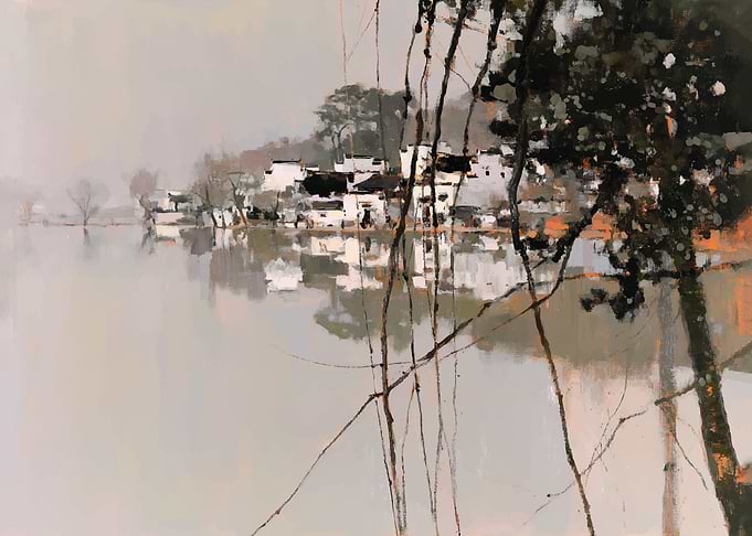 Traditional Chinese Village by the Lake