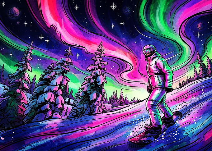 Snowboarder Under Vibrant Northern Lights