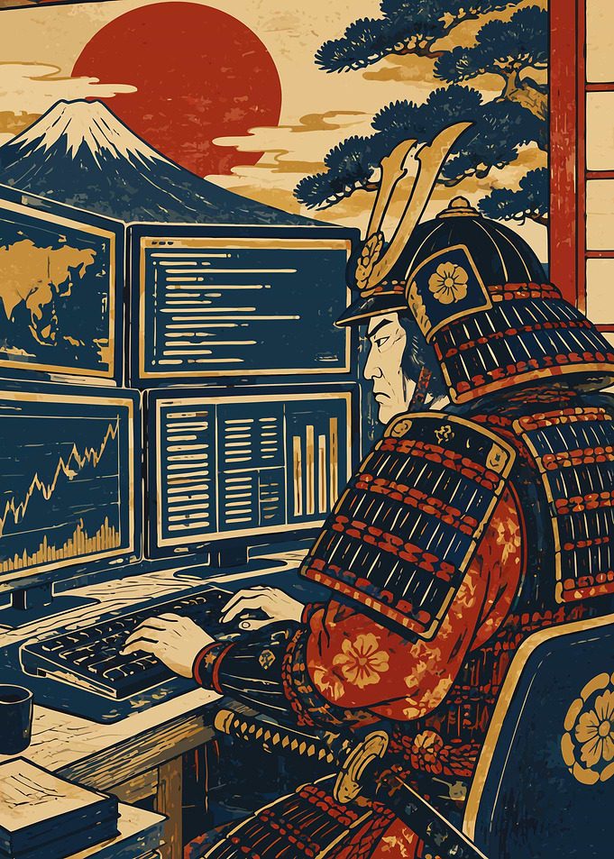 Samurai Trading at Computer Desk