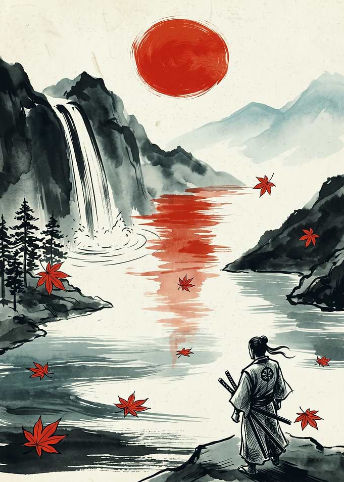 Samurai Warrior Japanese Watercolor Art Red Sun Waterfall Maple Leaf Landscape Wall Poster