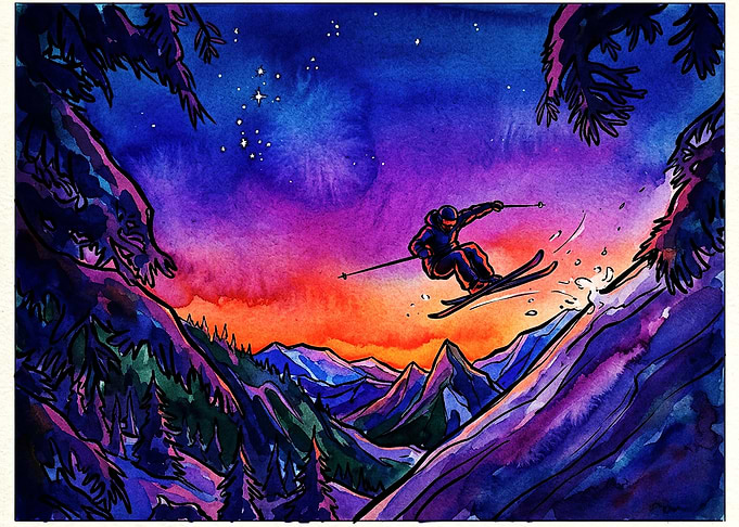 Skier Jumping Over Mountain Sunset