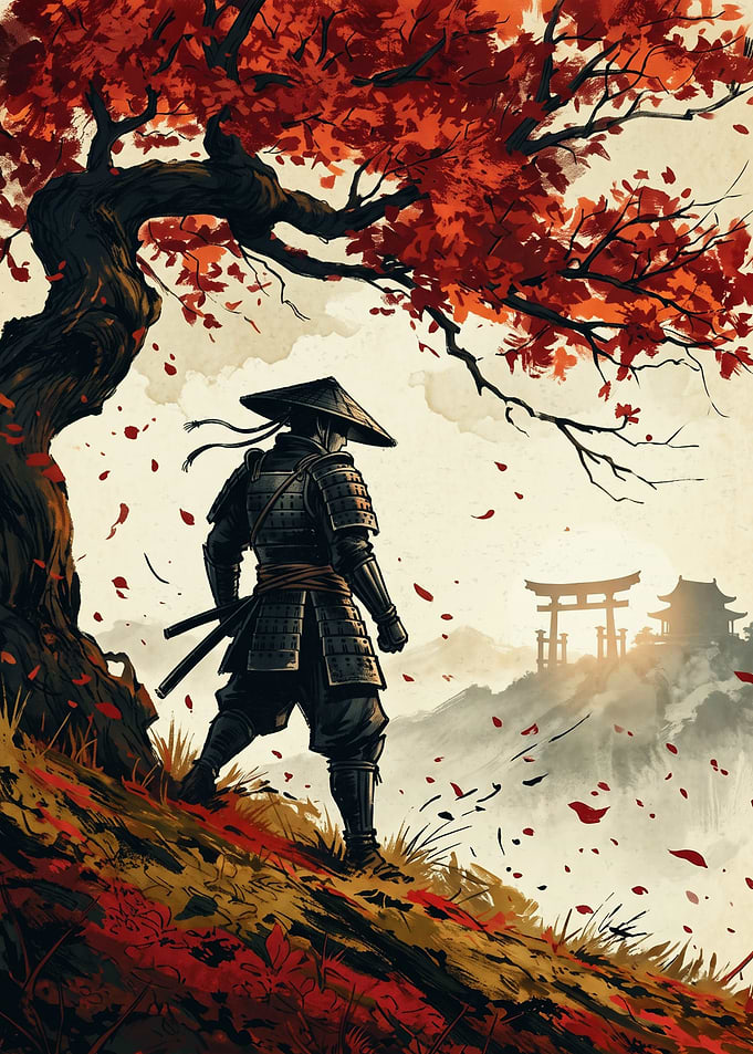 Samurai Warrior Japanese Art Print Red Maple Tree Autumn Temple Aesthetic Poster