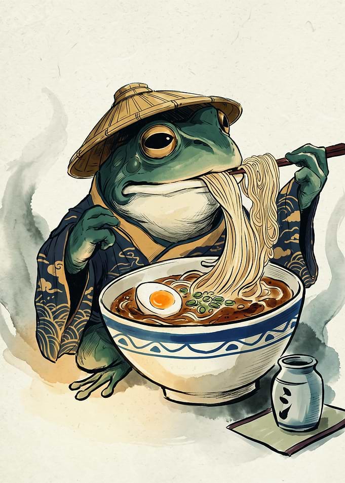 Samurai Frog Eating Ramen Japanese Watercolor Art Ukiyo E Aesthetic Kitchen Print