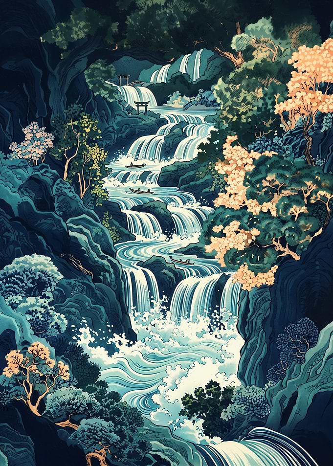 Japanese Waterfall Mountain Landscape Ukiyo E Art Traditional River Forest Nature Poster