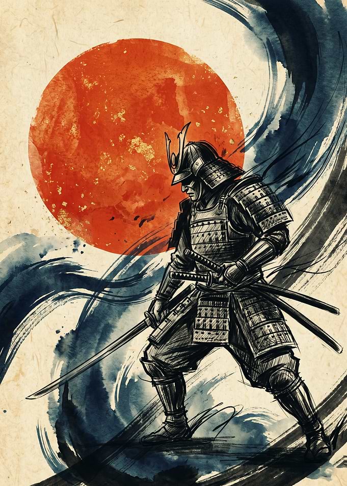 Samurai Warrior Ink Wash Art Japanese Sun Calligraphy Bushido Sword Fighter Poster Print