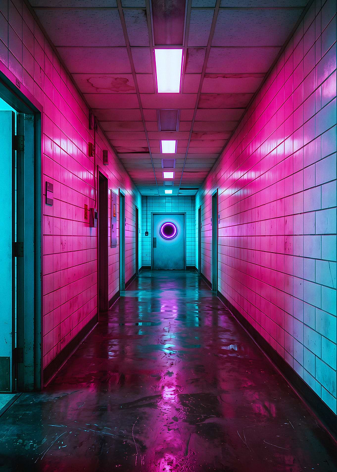 Neon Lit Cyberpunk Hospital Corridor