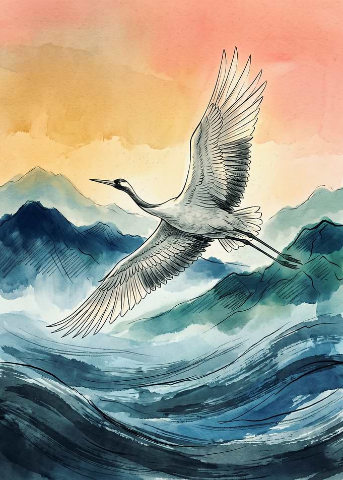 Flying Crane Bird Japanese Watercolor Art Mountain Landscape Sunset Aesthetic Poster Print