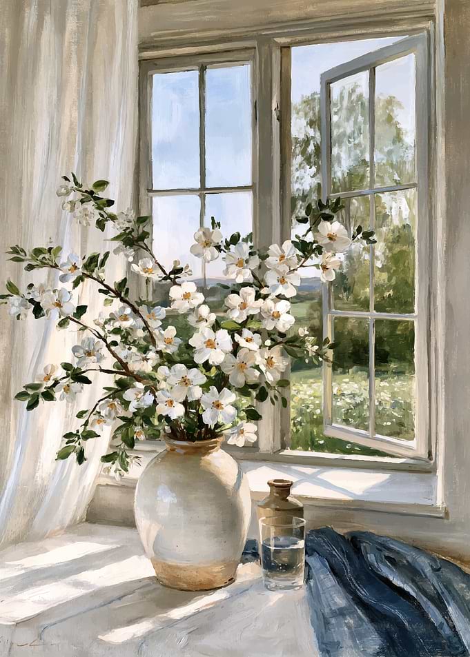 White Blossoms in Window Still Life