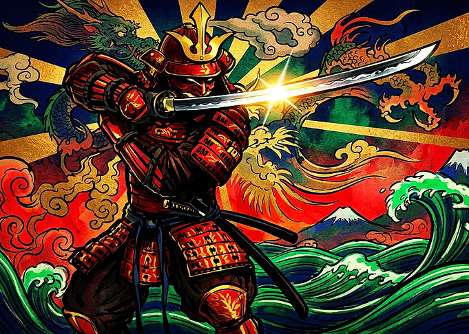 Samurai Warrior with Dragon and Waves