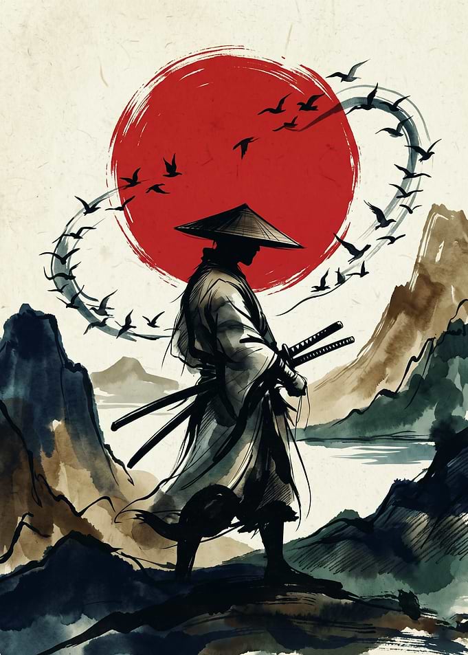 Samurai Warrior Japanese Watercolor Art Red Sun Flying Birds Mountain Landscape Print