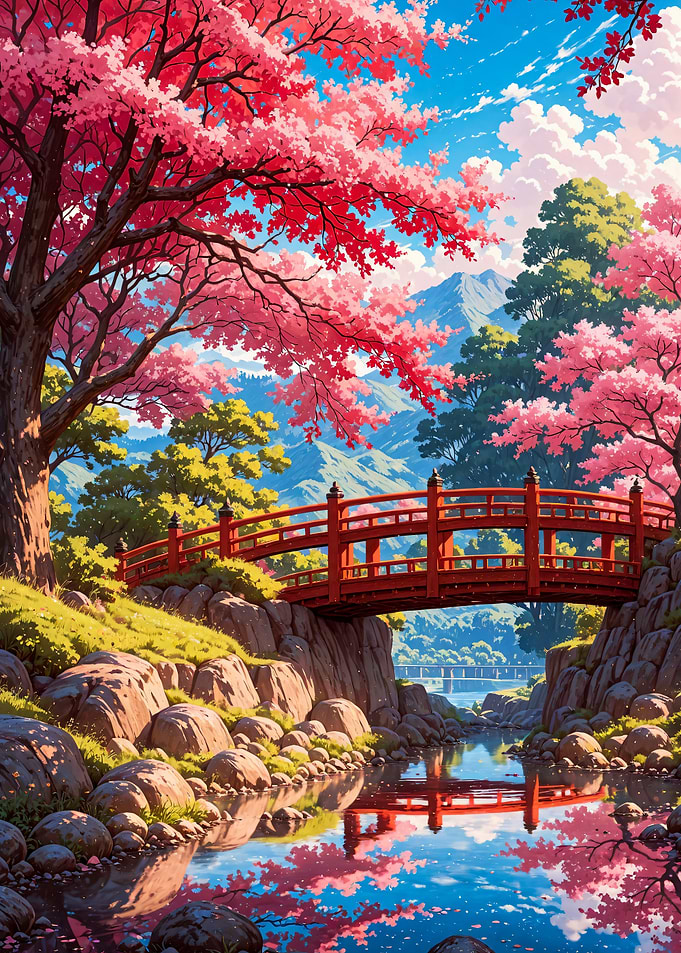 Red Bridge in Cherry Blossom Garden Japan