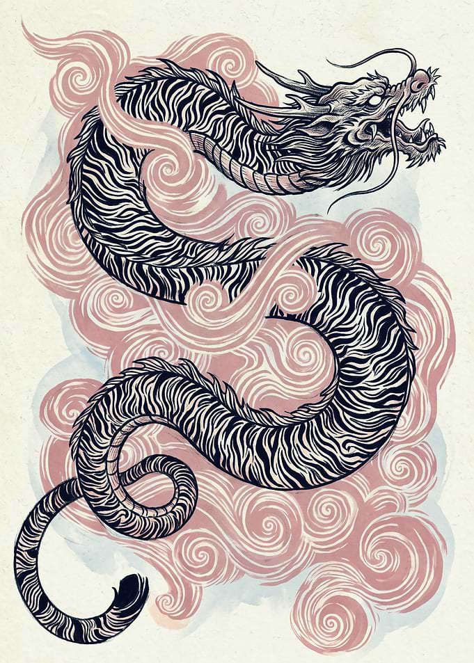 Japanese Dragon Ukiyo E Woodblock Print Traditional Asian Mythical Creature Art Poster