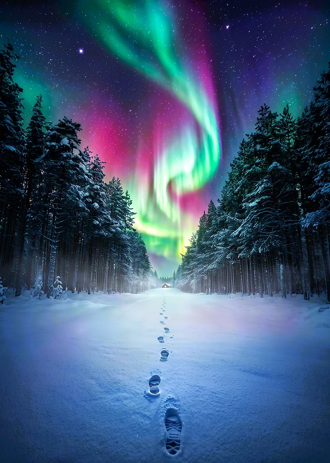 Footprints Leading to Aurora Borealis