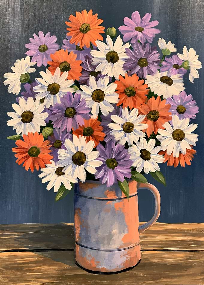 Colorful Daisy Bouquet in Rustic Pitcher