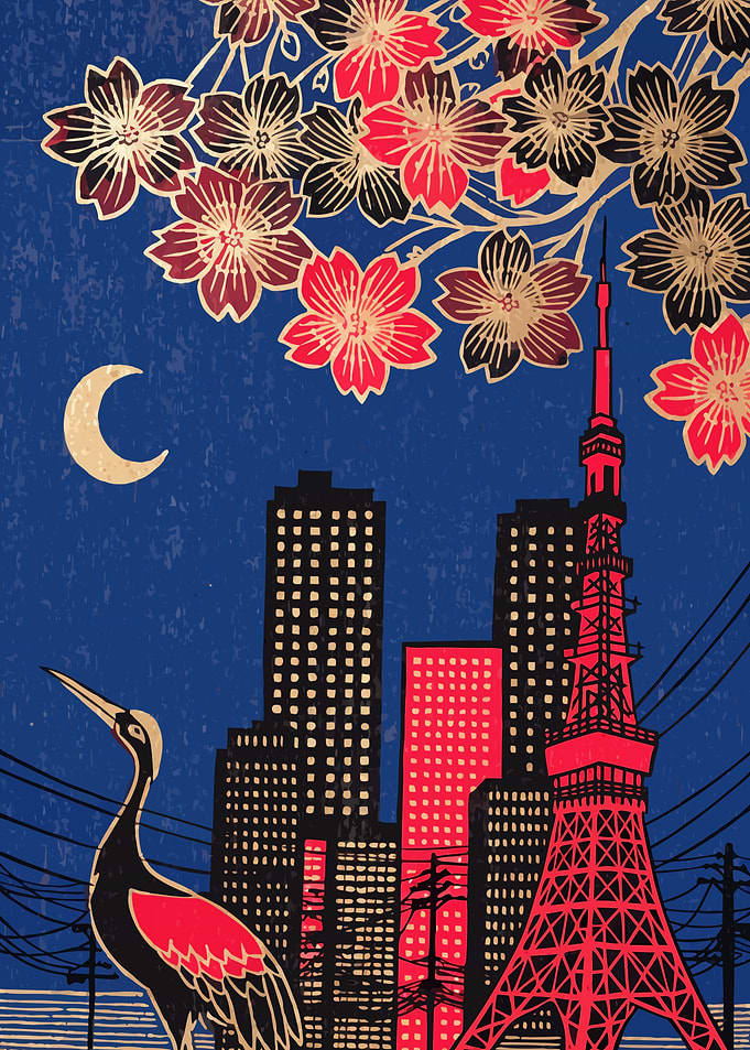 Tokyo City and Japanese Crane Ukiyo-e Print