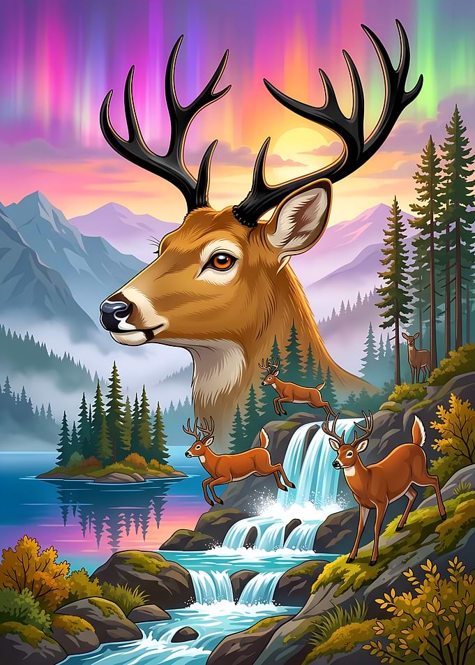 Majestic Deer in Northern Lights Landscape in Forest