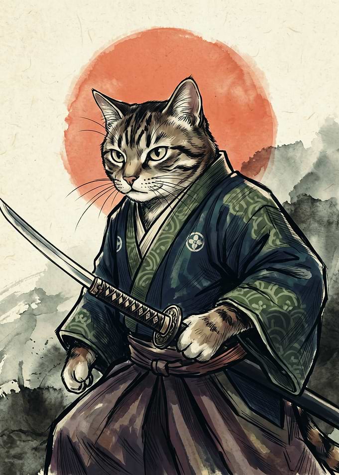 Samurai Cat Japanese Watercolor Art Red Sun Katana Sword Traditional Ukiyo E Poster