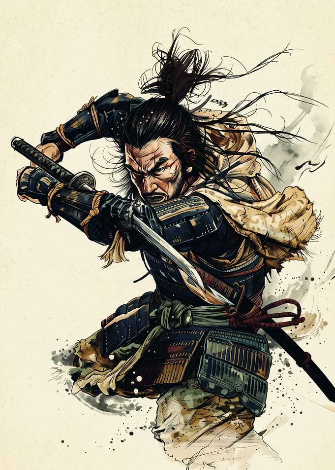 Samurai Warrior Ink Sketch Art Japanese Katana Sword Fighter Action Poster