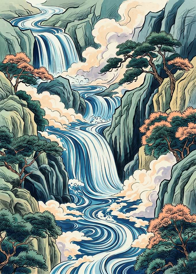 Japanese Waterfall Art Print Mountain River Landscape Vintage Ukiyo E Aesthetic Poster