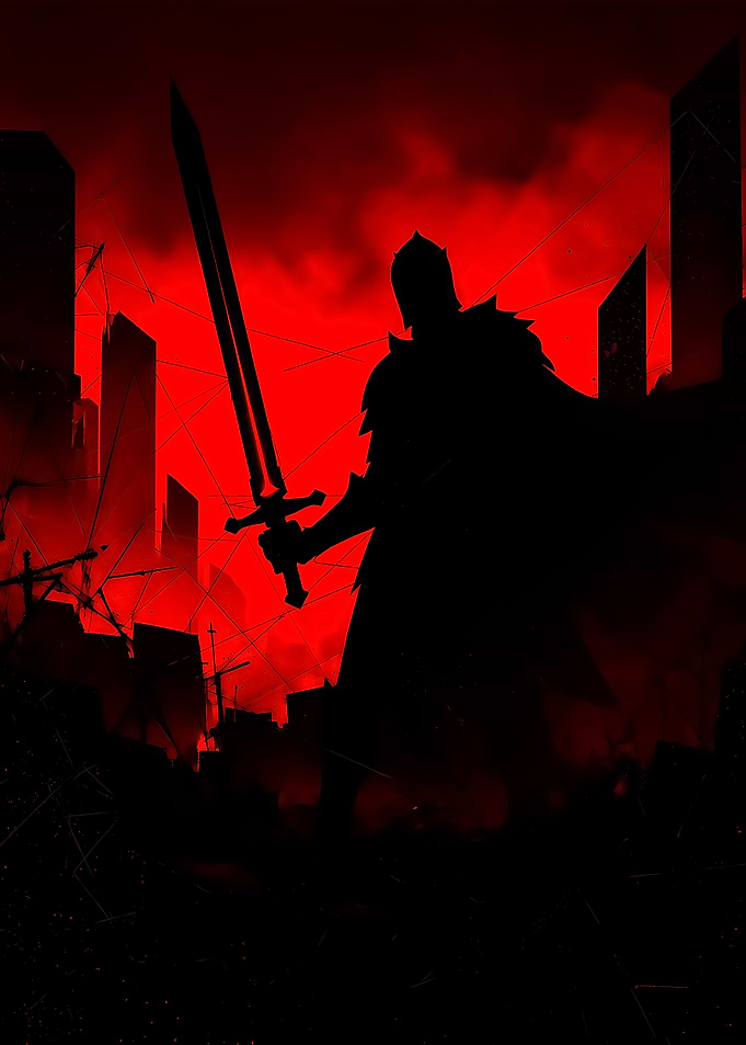 Knight Silhouette in Red Cityscape