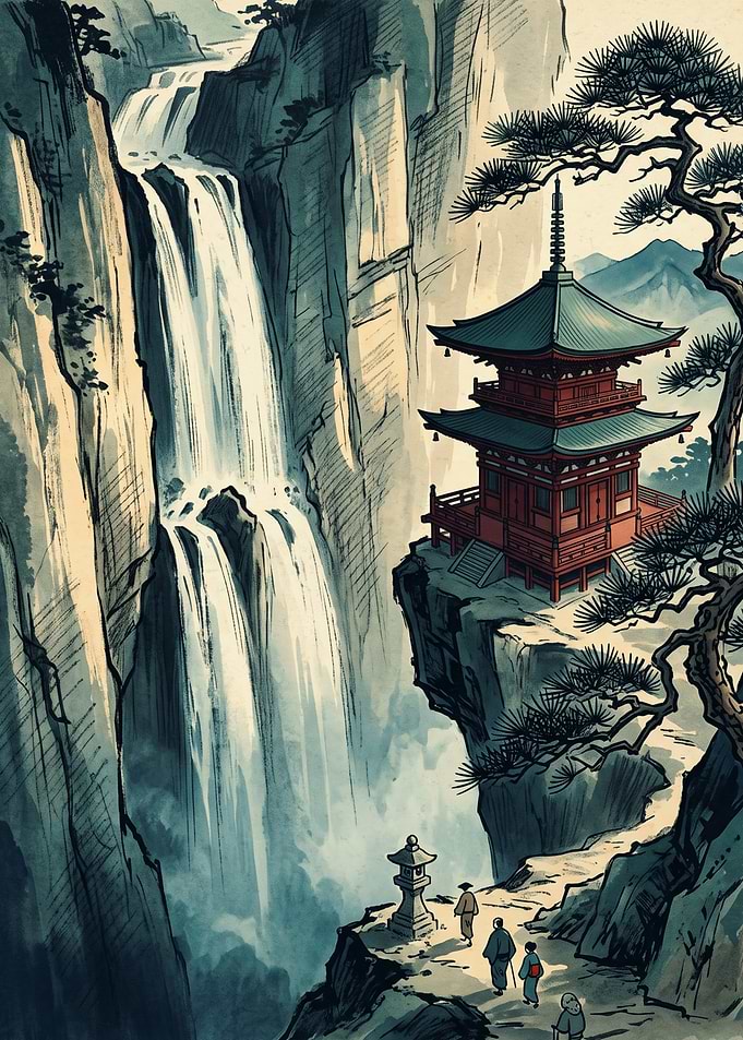 Japanese Pagoda Waterfall Ukiyo E Art Print Mountain Landscape Asian Nature Wall Decor