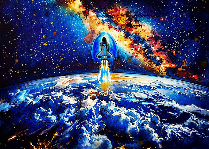 Space Shuttle Launching into Galaxy