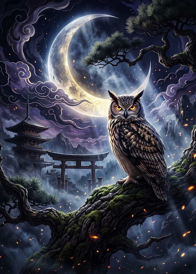 Owl Perched in Japanese Night Landscape