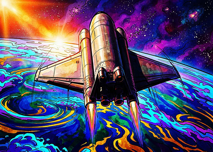 Psychedelic Space Shuttle Orbiting Earth