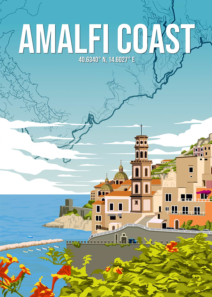 Amalfi Coast Italy City Map Retro Travel Poster Art
