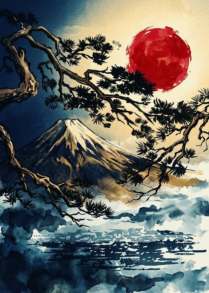 Mt Fuji Red Sun Japanese Ukiyo E Art Print Pine Tree Mountain Landscape Poster
