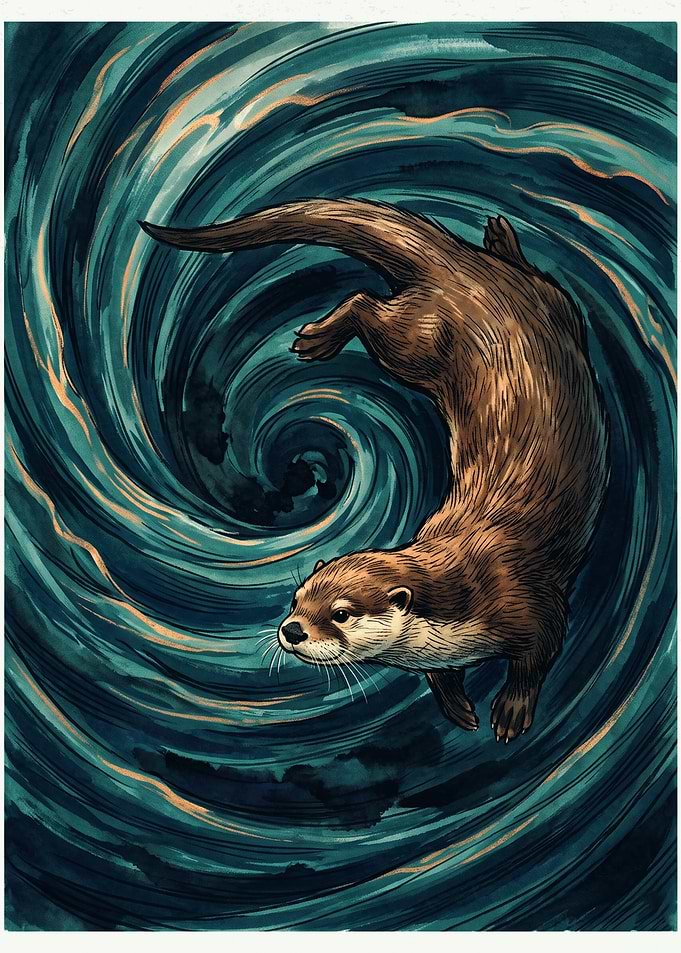 Swimming Otter Vortex Watercolor Art Print Ocean Swirl Wildlife Nature Decor Poster