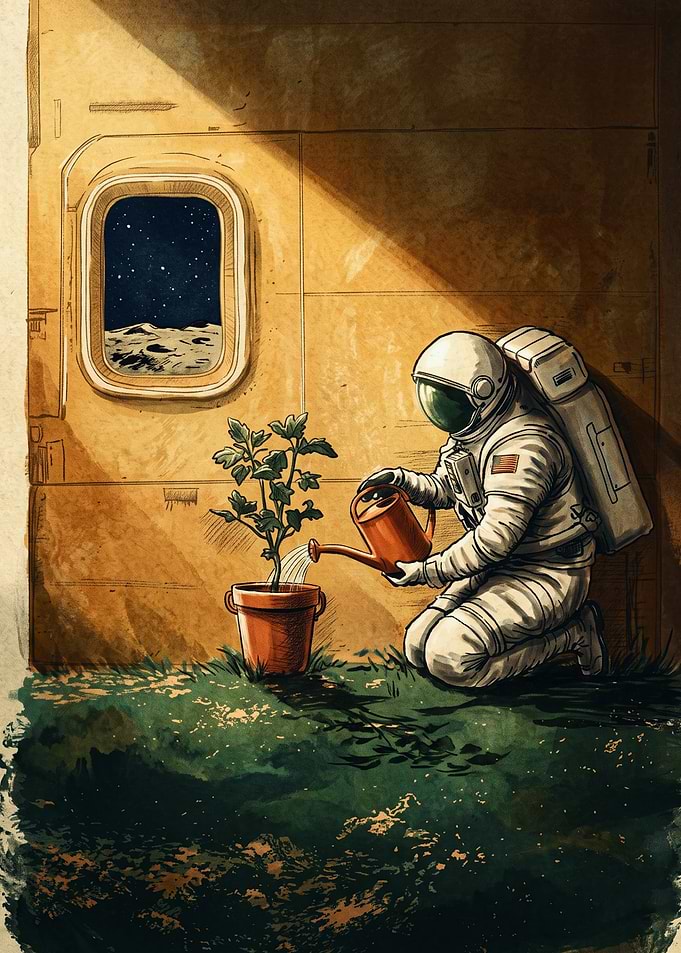 Astronaut Space Vintage Watercolor Art Potted Plant Watering Lunar Window Wall Poster