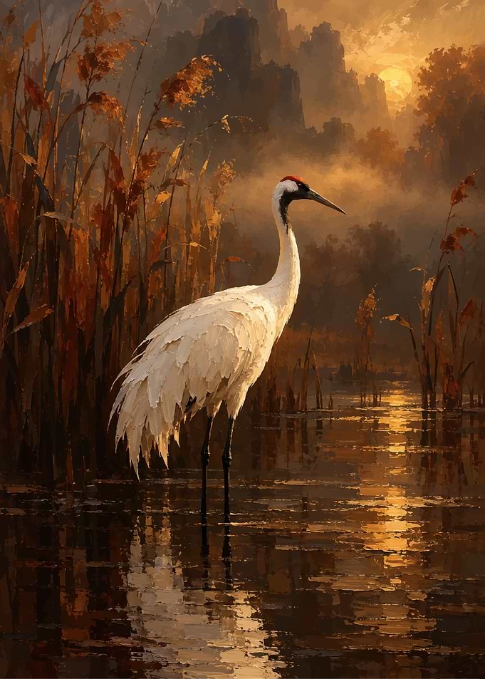 Red-Crowned Crane in Golden Sunset