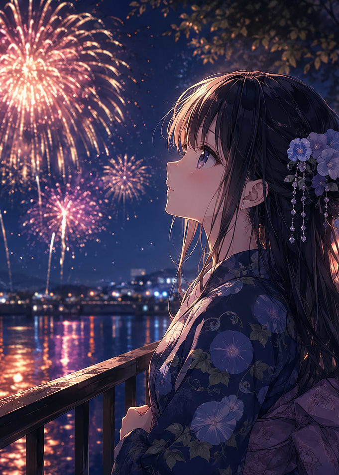 Anime Girl Watching Fireworks in Yukata