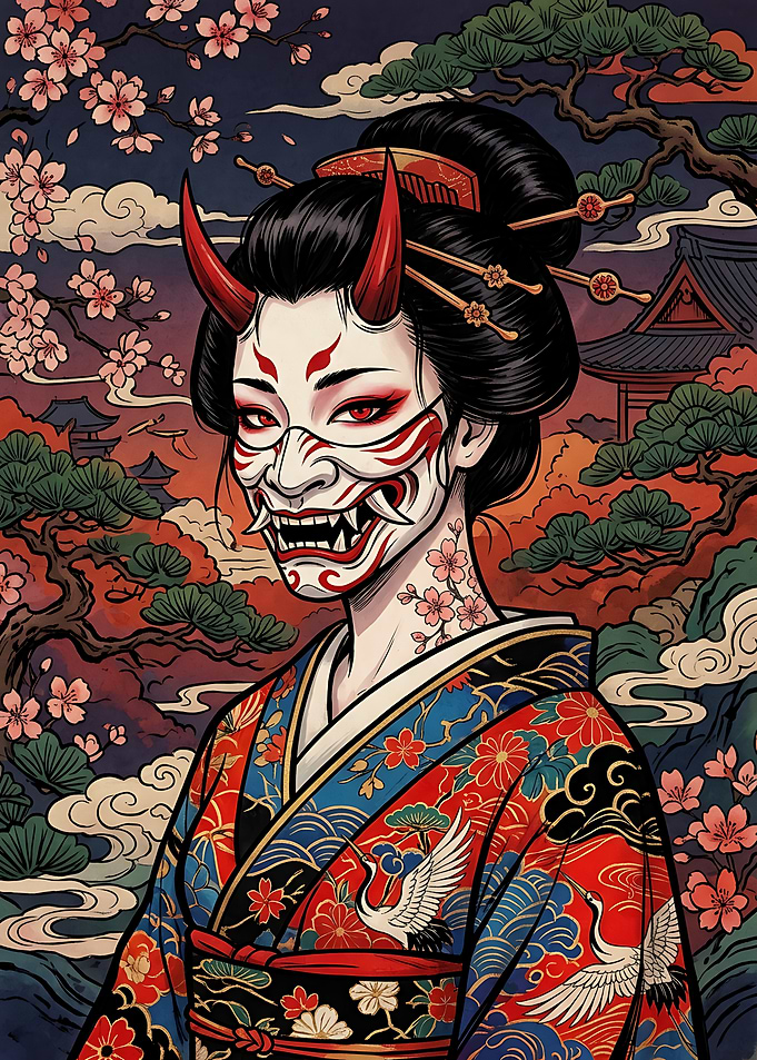 Geisha with Oni Mask Illustration