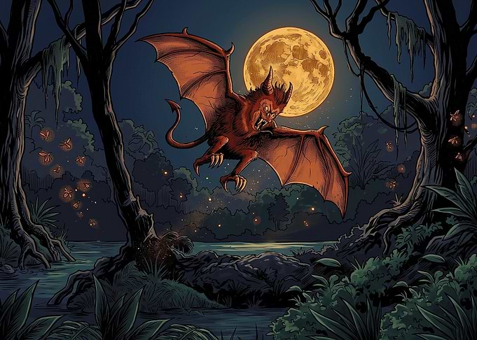 Jersey Devil Flying Under Full Moon