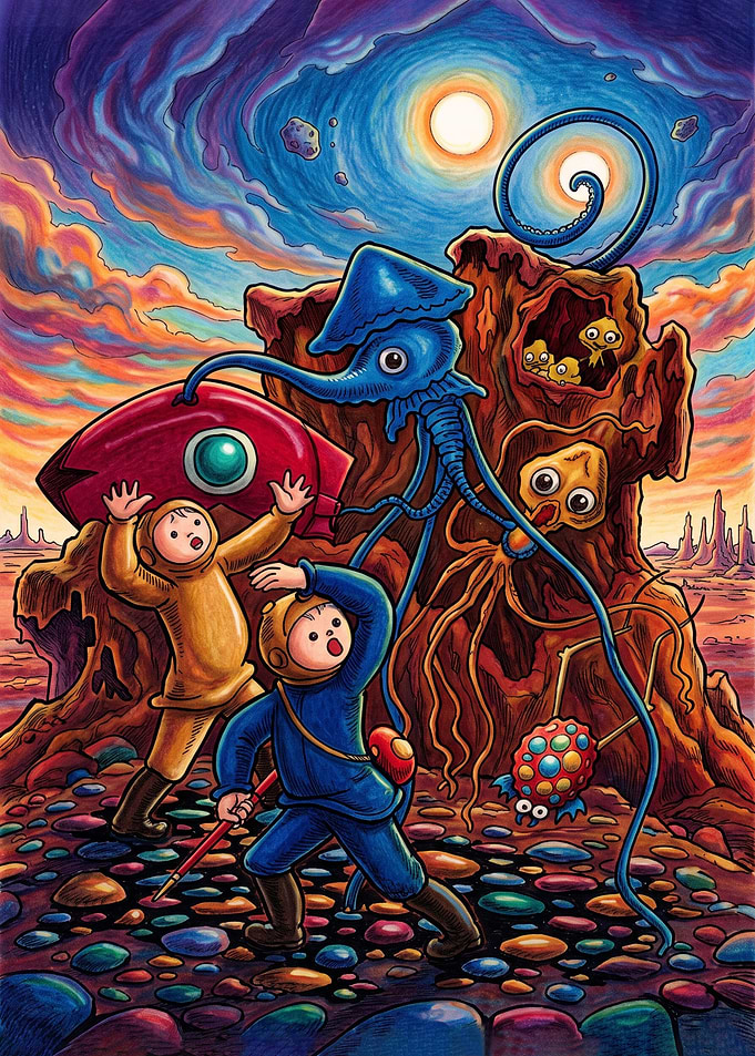 Explorers Encountering Aliens on Alien Planet