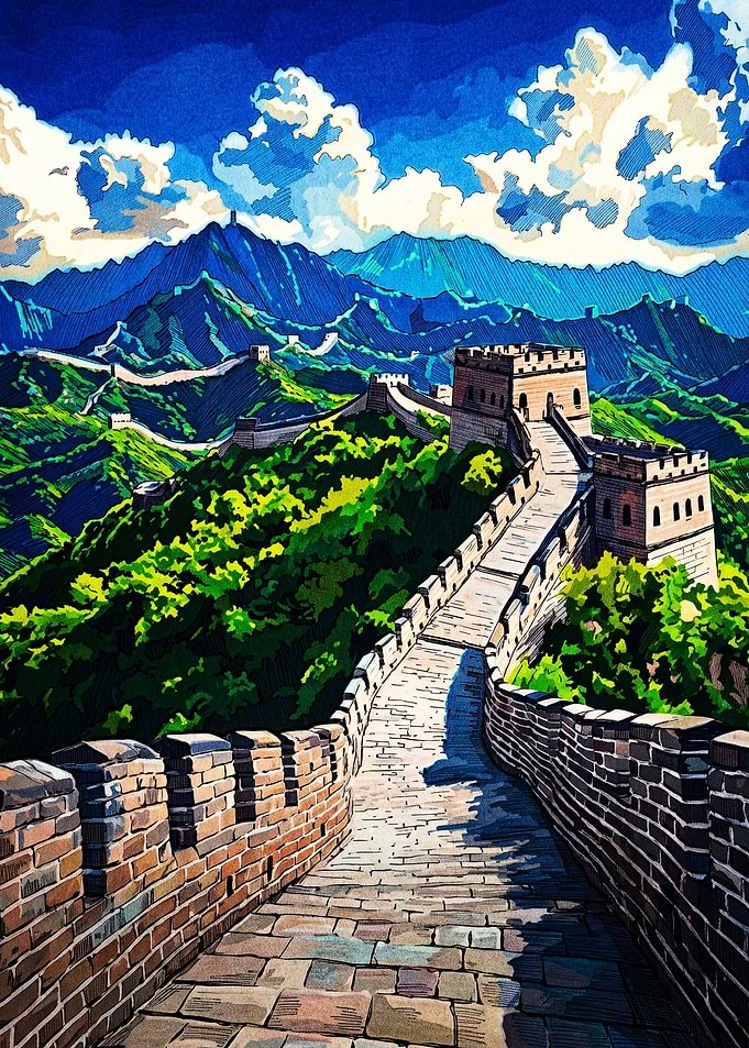 Vibrant Illustration of Great Wall